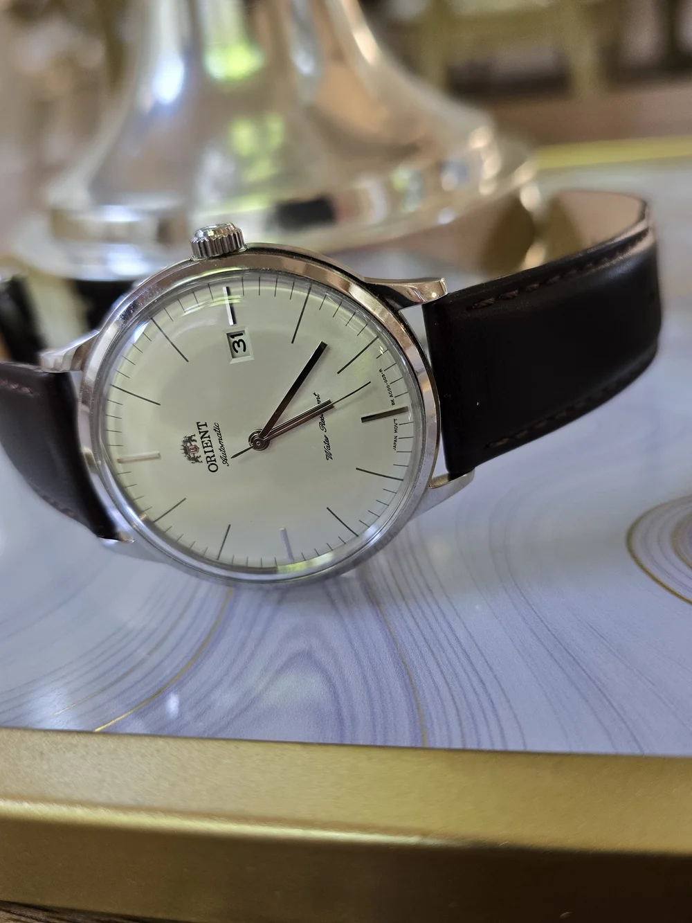 Men's Automatic Watch with Brown Leather Strap and Silver Case Orient Bambino